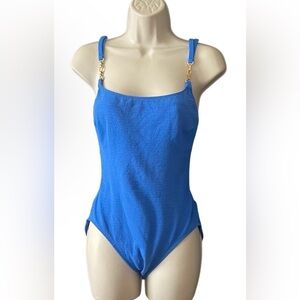 La Blanca One Piece Swimsuit Size 10 Royal Blue Gold Beads Scrunched Square Neck